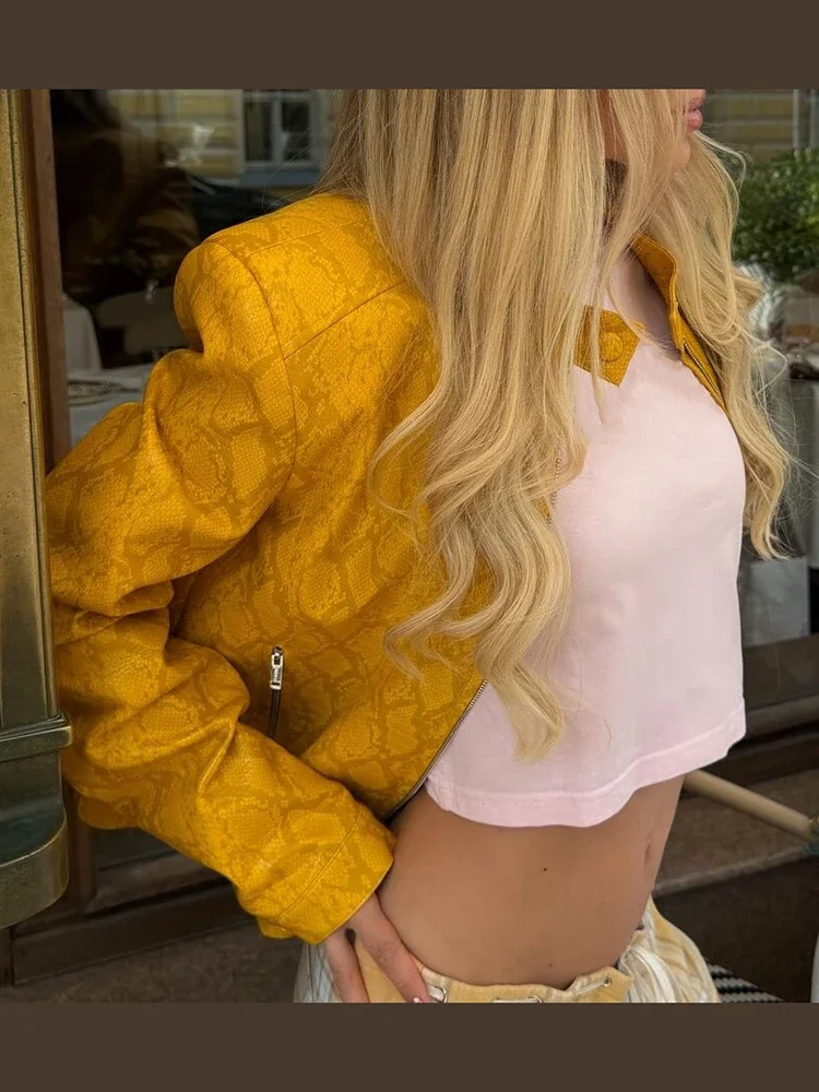 Women's Chic Snake Pattern Cropped Coat Trendy Stand Collar Faux Fur Leather Short Jacket 2026 Autumn NEW High Street Outfit