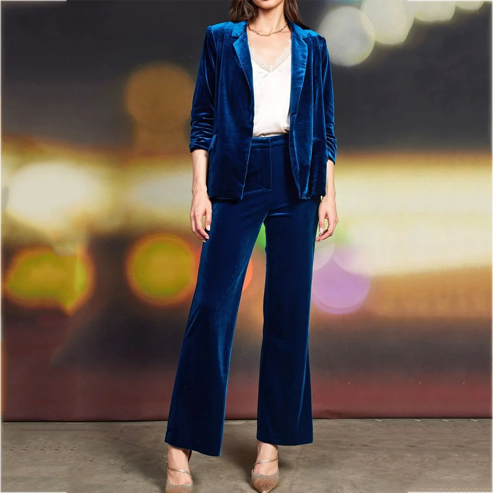

Daily Casual Velvet Suit For Women Straight Elegant Outfit Notch Lapel Solid Color Tailor-Made Office Work Fashion Female Set