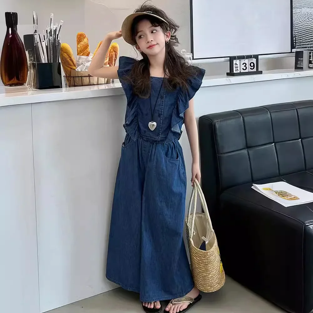 

Summer Flying Sleeve Shirt + Loose Pants Kids Clothes 2025 New Children Denim Tracksuit 5 -14 Years Teenager Girls Clothing Sets