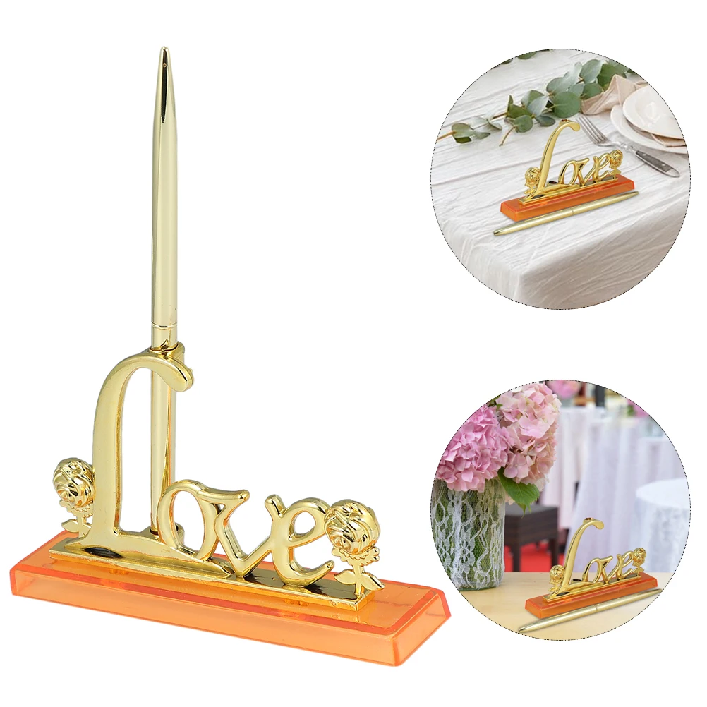 

1 Set Wedding Pens For Guest Book Golden Love Base Holder Signing Pen Set For Wedding Bridal Engagement Reception Desk Decor
