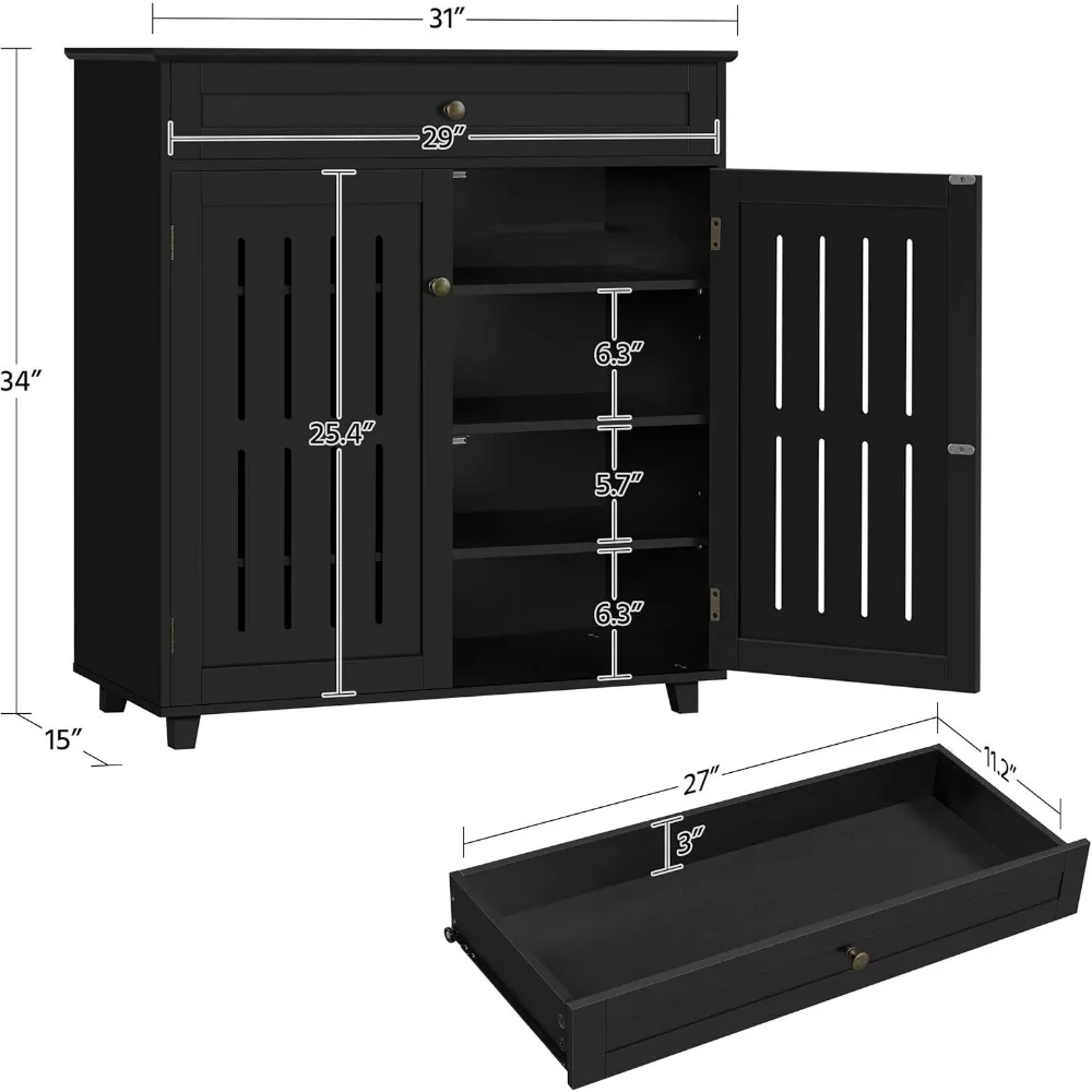 Armoire à chaussures en bois T1 avec portes à persiennes, armoire de rangement à chaussures à 4 niveaux avec MEL& étagères réglables