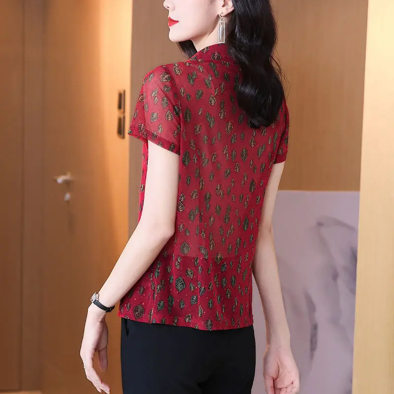 Office Lady Casual Turn-down Collar Shirt Summer New Fashion Short Sleeve Female Clothing Vintage Printed Single-breasted Blouse