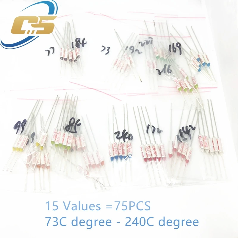 15 Values=75Pcs Assortment Kit Thermal Fuse 10A 250V Thermal Cutoffs 73C degree - 240C Degree Temperature Fuse Switch RY-113 240