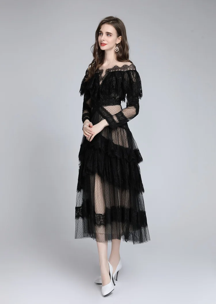 Women's Dresses Slash Neckline Long Sleeves Lace Patchwork Elegant Designer Vestidos Prom S-4XL