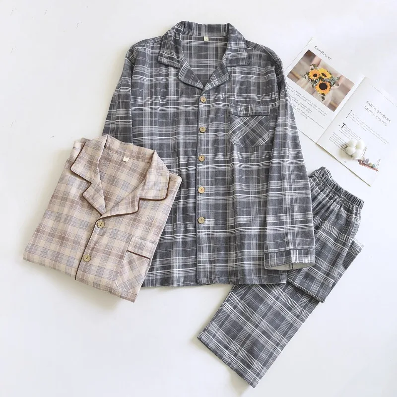 

100% Gauze Cotton Pajama Set for Men Double Layer Crepe Sleepwear Soft Breathable Japanese Style Plaid Long Sleeve Loungewear