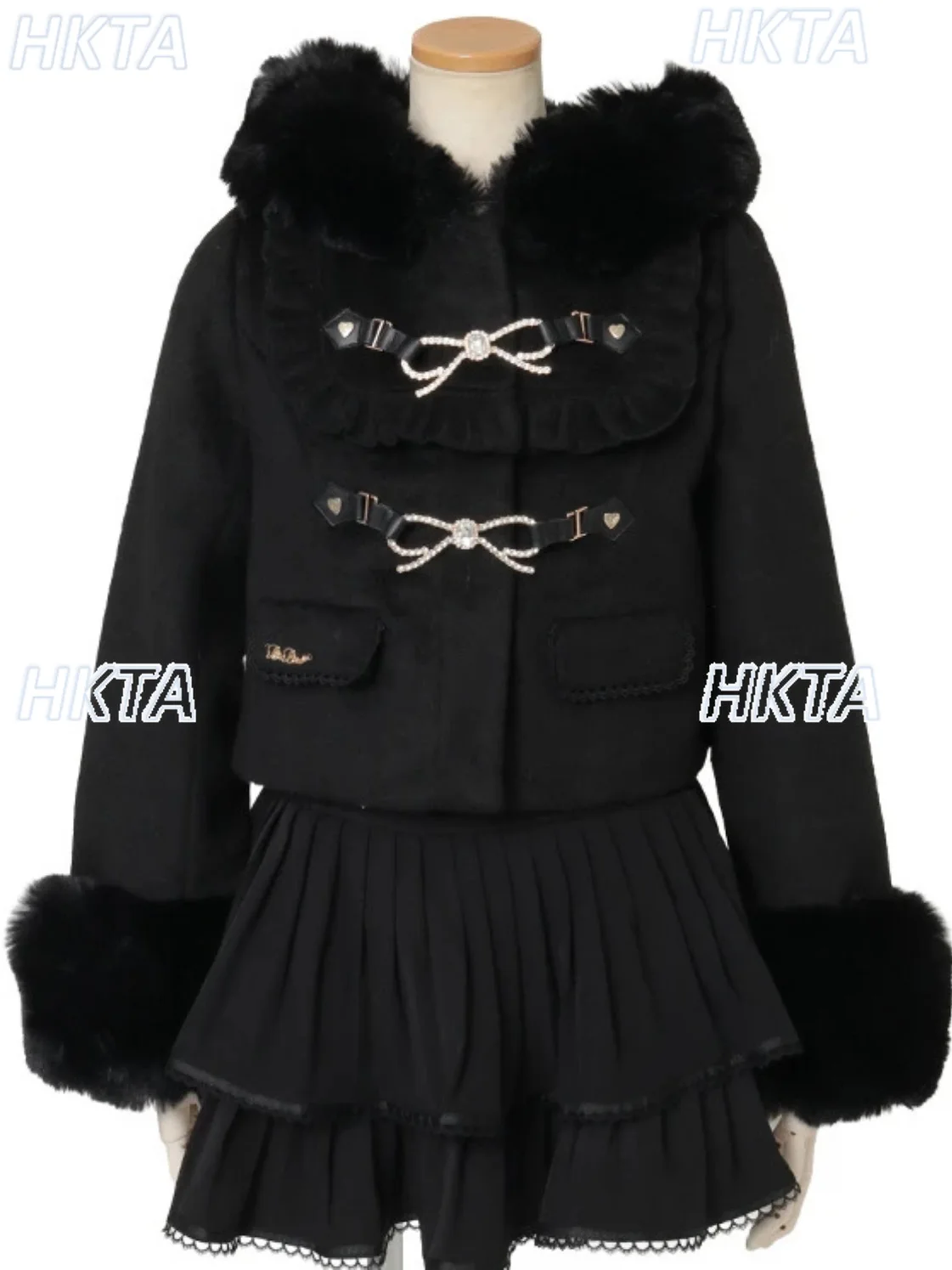 

French Sweet Autumn Winter Commuter Bow Hooded Wool Jacket Lolita Love Leather Buckle Thickened Short Balck Woolen Coat Women