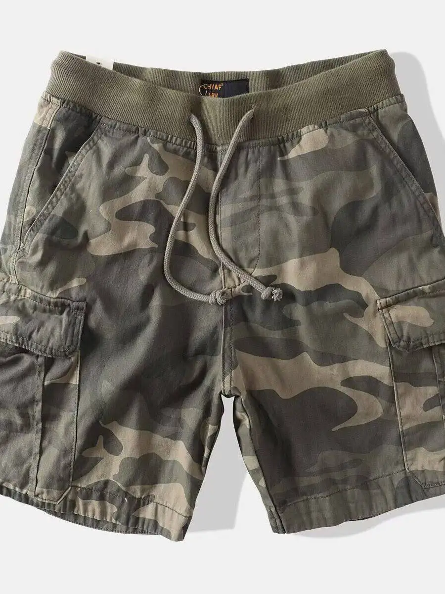 American Retro Drawstring Elastic Waist Camouflage Workwear Shorts Men's Loose Straight Military Style Five-Quarter Shorts