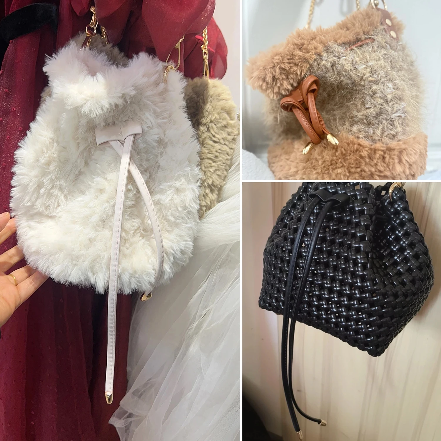 3Pcs PU Leather Drawstring Pull String Detachable Bucket Bag Strap Slide String Keeper Drawstring Backpack Accessories