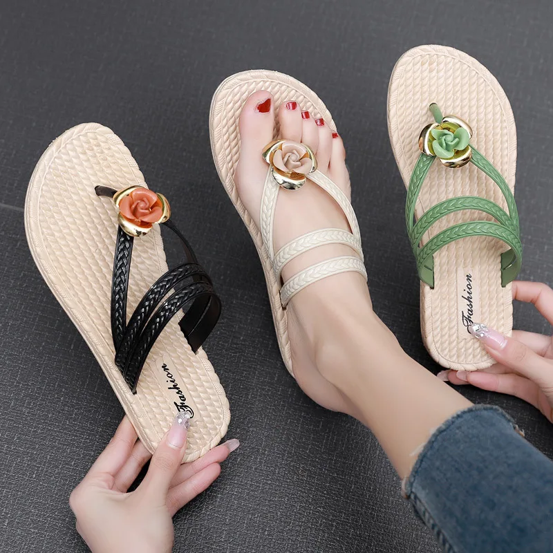 Women Slippers Summer New Fashion Roman Women Casual Flip Flop Flower Waterproof Beach White Lightweight Wear Resistant Slippers