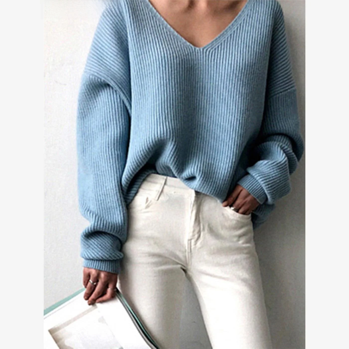 

Autumn Winter Versatile Loose Knitted Long Sve V-Ne Sweater for Women Street Sle Asymmetric oulder Insert Thiened