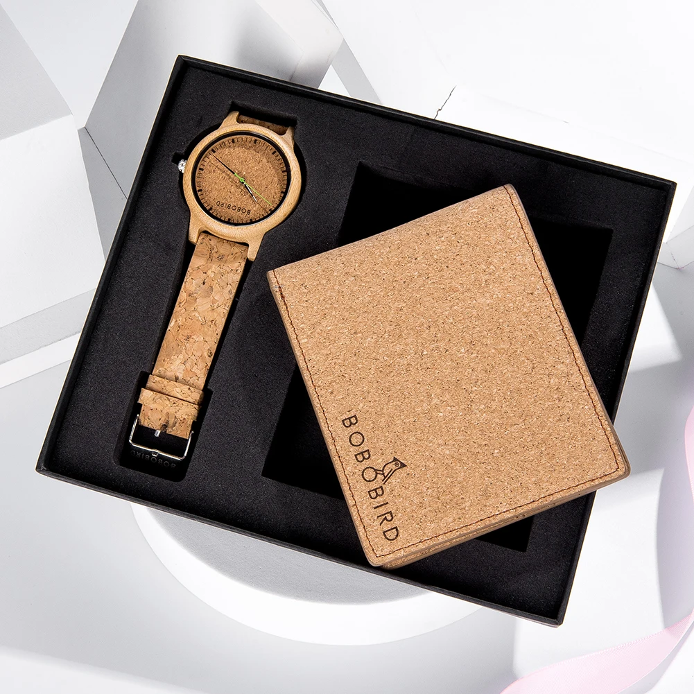 BOBO BIRD Men Watch Wooden Wristwatch Cork Wallet Couple Women Quartz Movement Timepieces With Gifts Box Custom Logo Chronograph