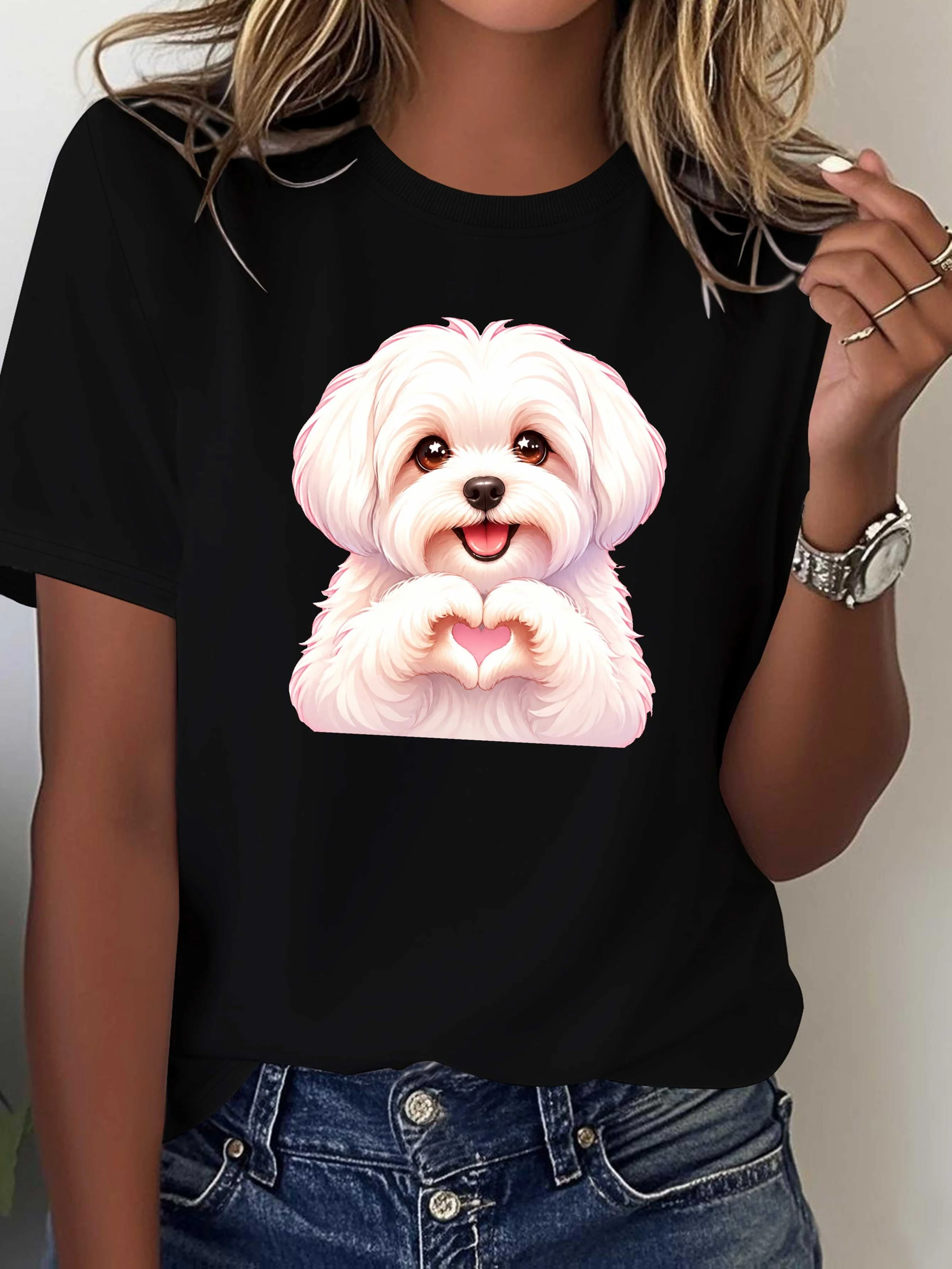 2026 Fluffy Maltese Dog Dog Personalized Pattern Women Elegant Style Round Neck Women's Comfortable New Fashionable Fun T-shirt