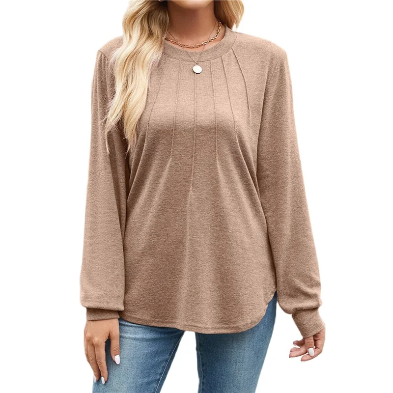 

ABRT-Women's Long Sleeve Shirts 2025 Autumn Fashion Formal Casual Shirts Pleated Round Neck Tunic Tops