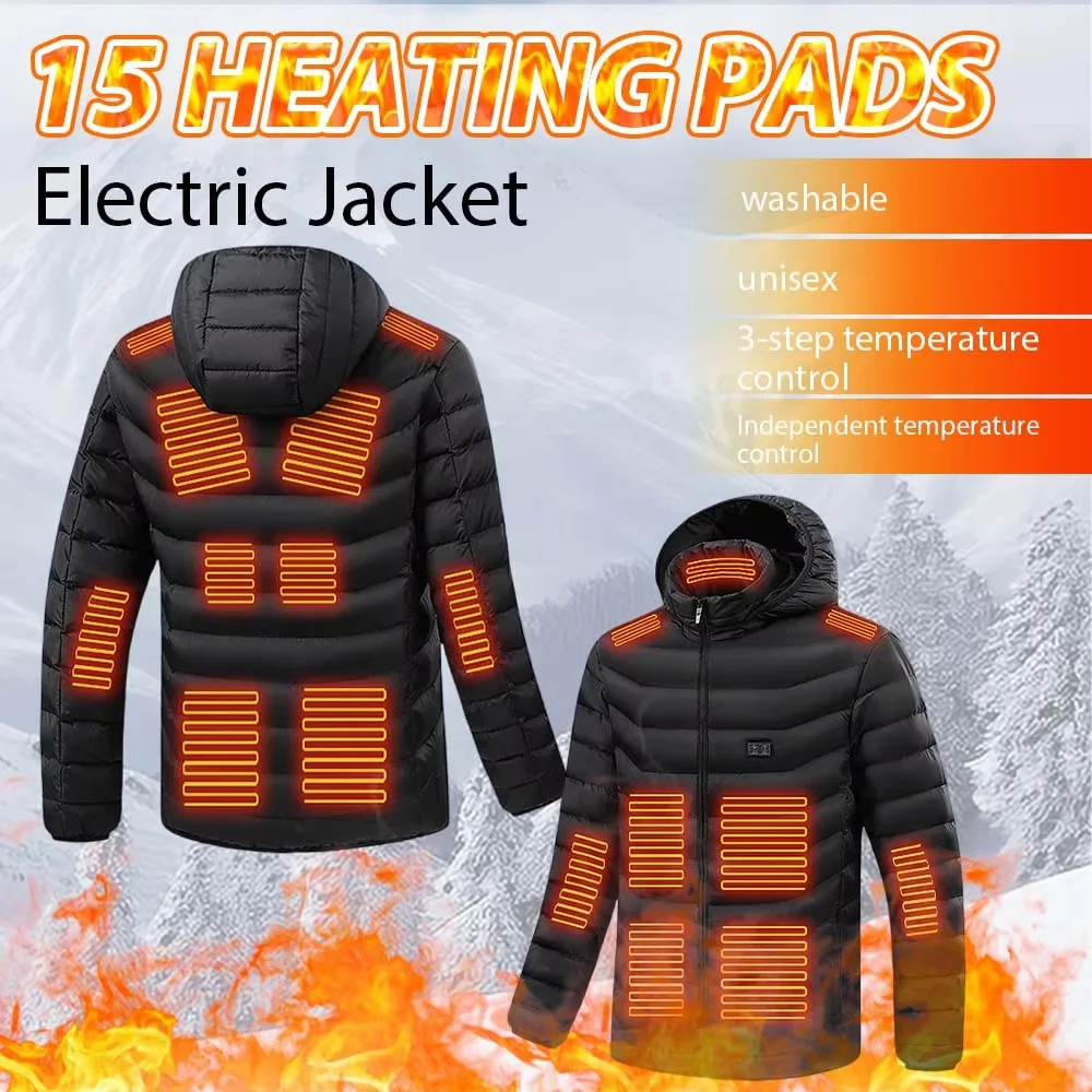 15 منطقة الشتاء سترة قطن ساخنة للرجال/النساء USB الكهربائية سحاب أكمام طويلة بلاكيت مقنعين معطف القطن ذاتية التدفئة #1