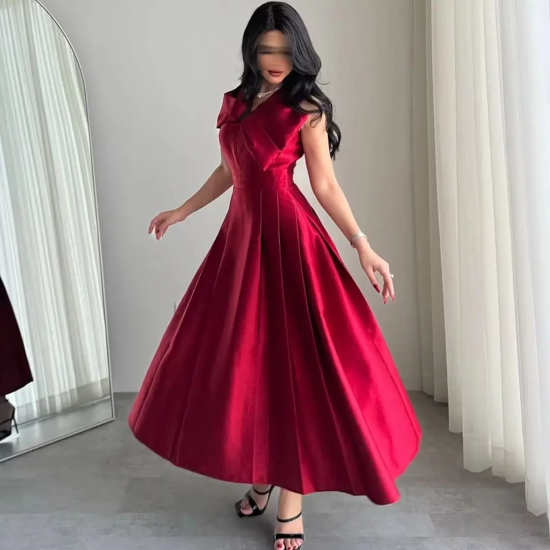

MD Rose Red A-line Burgundy Evening Dress Satin Arabic Women Ankle-Length Prom Gowns Vestidos De Fiesta Customized Party Dress