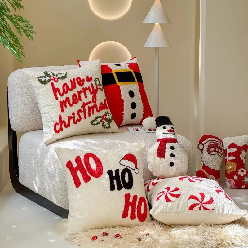 3D Tufted Christmas Cushion Cover Soft Embroidered Throw Pillow Case Red White Holiday Decorative Pillow Cover Xmas Gift Home