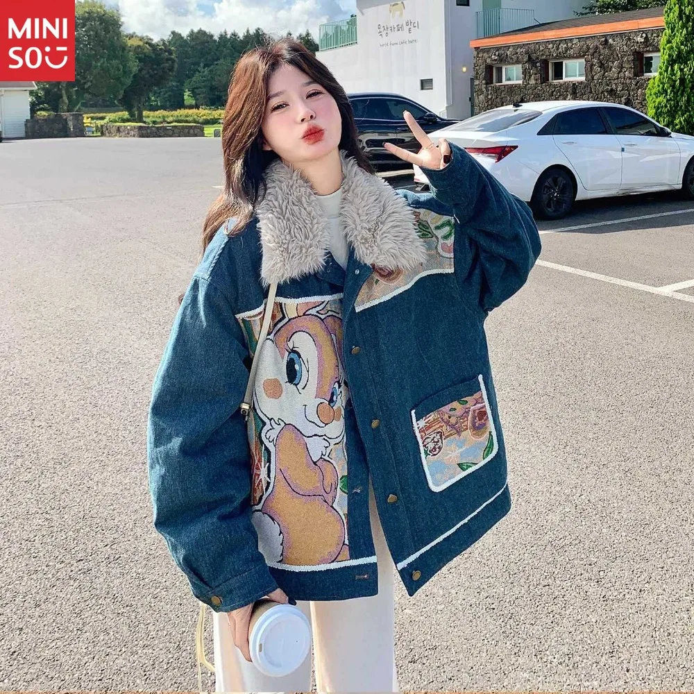 الأزرق الكورية الأرنب الفراء بطانة الدنيم فطيرة يتغلب على المرأة الخريف والشتاء 2025 جديد الكرتون الحد من العمر سميكة سترة الصوف #1