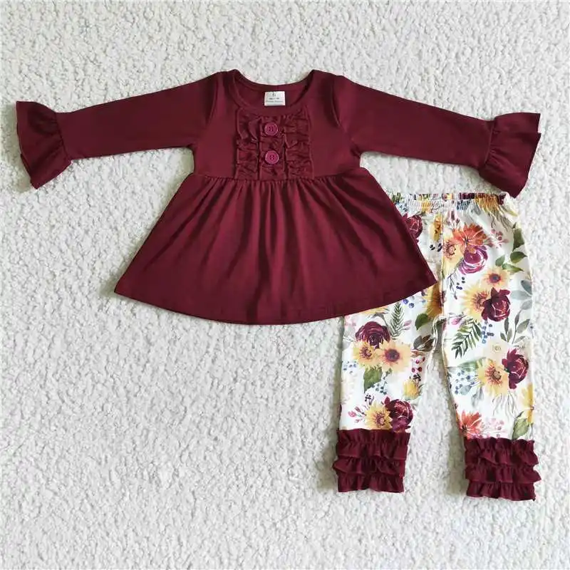 

2022 Rts New Design Western High Quality Wholesale Low Moq Red Wine Flowers Long Sleeve Shirt White Pants Fashion Daily Wearing