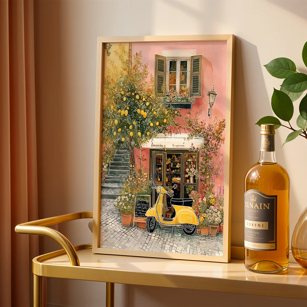 Southern Europe Town Street With Scooter & Lemon Tree Canvas Poster Wall Art,2D Print Wall Decor,Home Decor Gift For Living Room