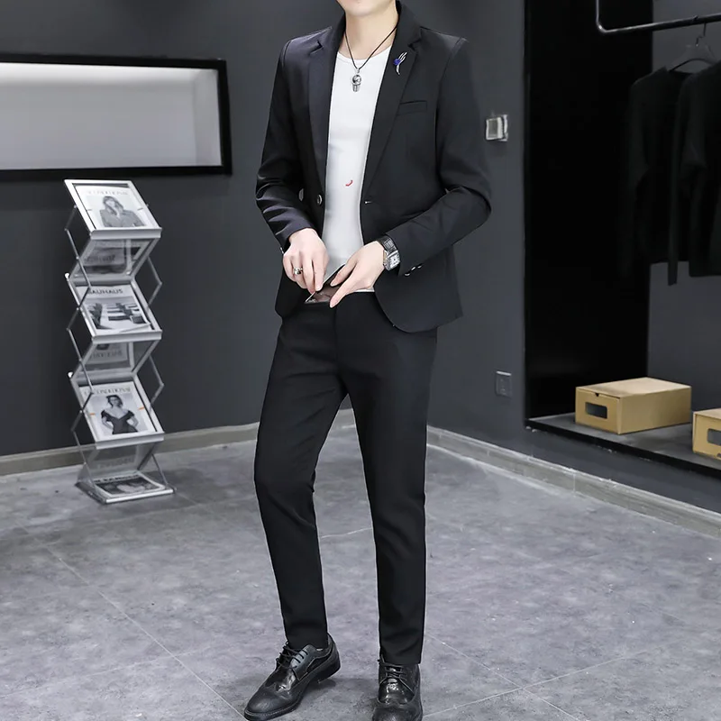 Solid Color Business Casual Suits Jacket & Full-Length Pant High Street Slim Fit Wear Two-Piece Men's Sets Blazers Coat Clothing