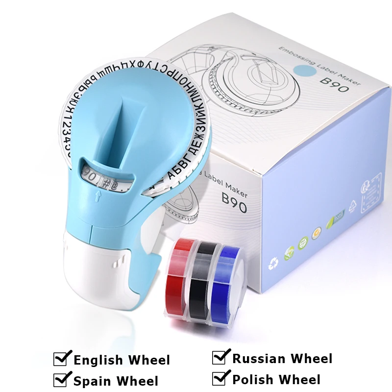 B90 Portable Label Typewriter 9mm 3D Embossing tape for Dymo 12965 1610 Motex E101 E5500（Russian, Polish, Spain, English Wheel)
