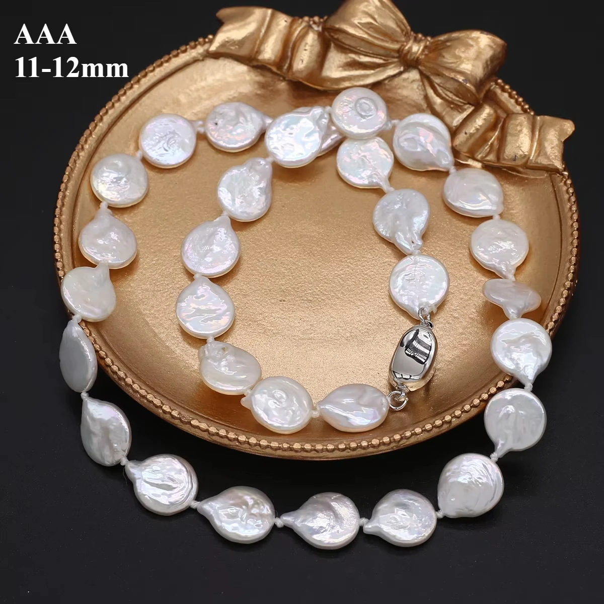 

11-12mm AAA Natural Freshwater Pearl Necklace Flat Water Drop Baroque Shaped Bead Charm Jewelry Accessories for Women Girl Gift