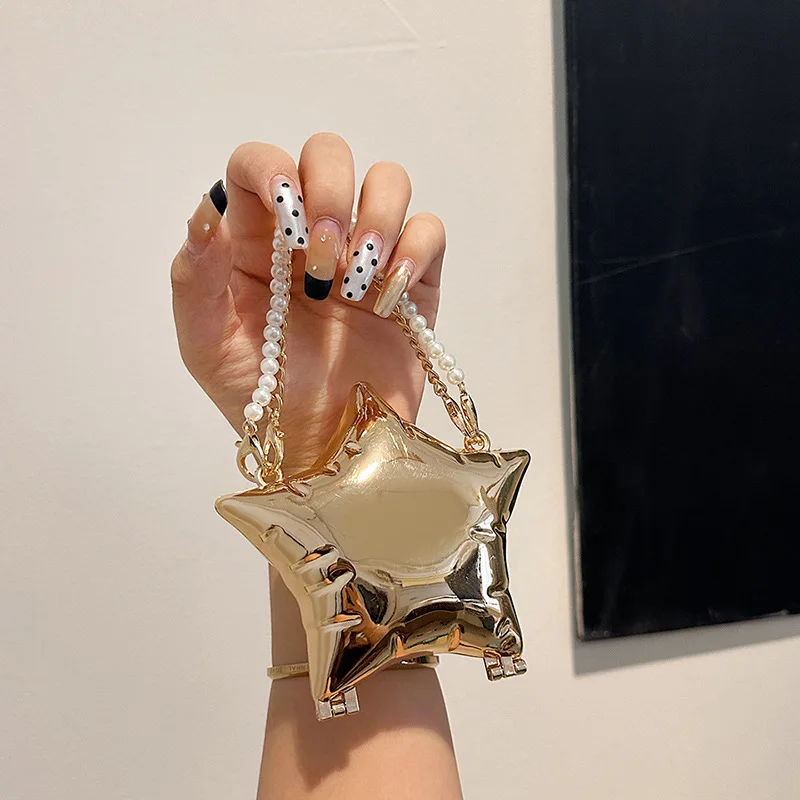 

Metallic Stars Design Crossbody Bags for Woman Pearls Beaded Shoulder Bag Luxury Chains Evening Bag Mini Clip Wedding Clutch New