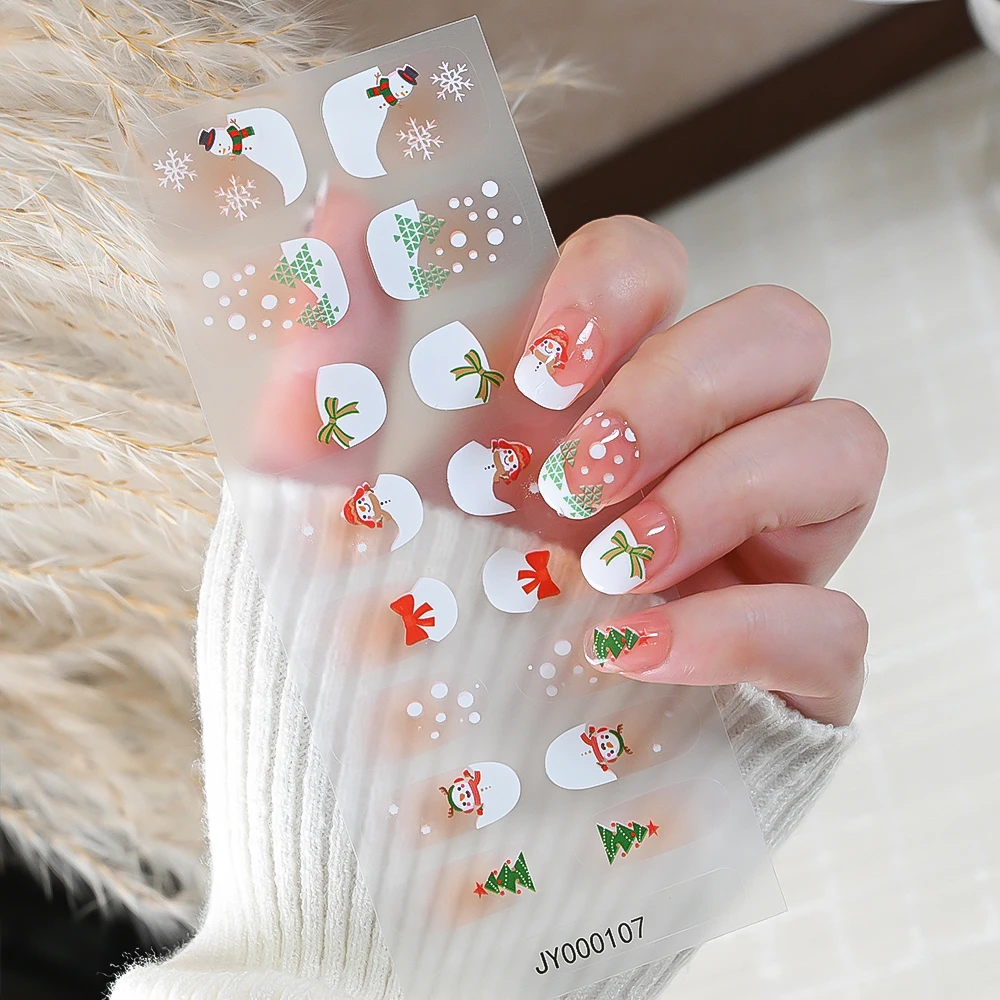 Autocollants pour ongles en Gel de noël, 1 feuille (16 embouts), dessin animé, flocons de neige, élan, cloche d'arbre Xma, couverture complète, enveloppes adhésives pour décoration d'ongles d'hiver