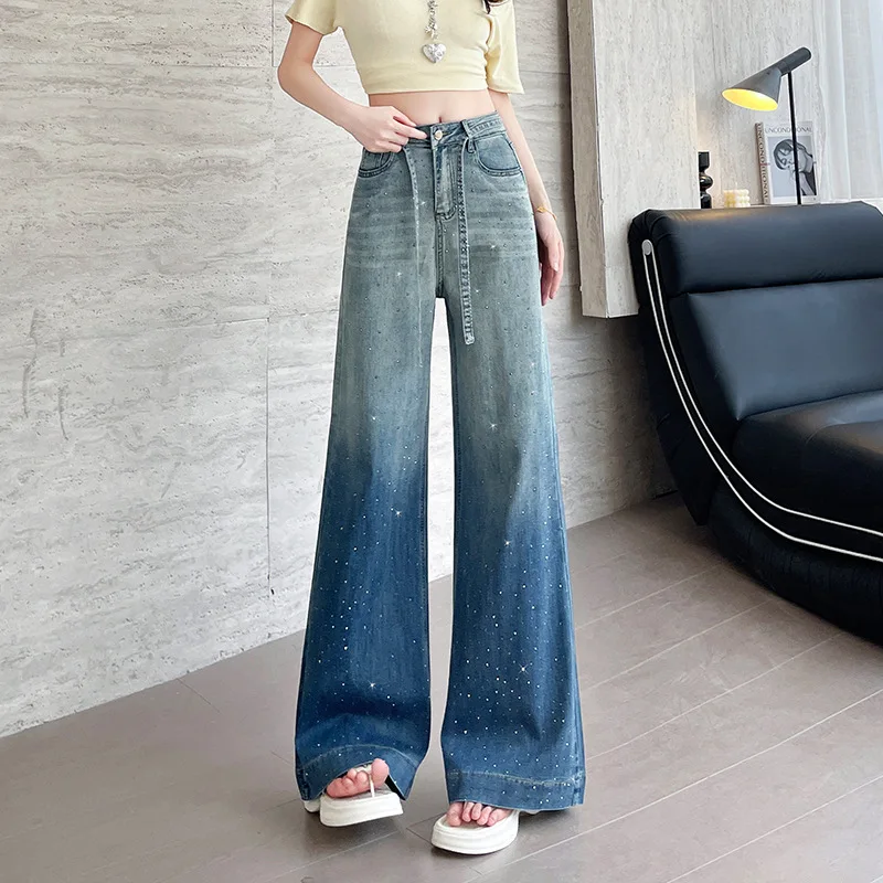 

Full Length Jeans Women Washed Jean Wide Leg Denim Pants High Waist Loose Diamonds Distressed Basics Straight Trousers