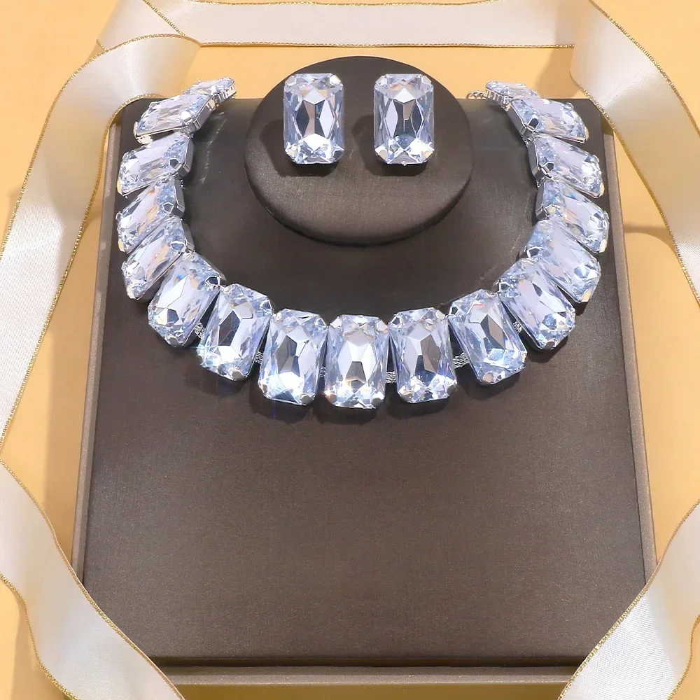 

Преувеличенные квадратные ожерелья и серьги со стразами, комплект свадебных аксессуаров, простые кристаллы, индийские свадебные комплекты ювелирных изделий, женские подарки