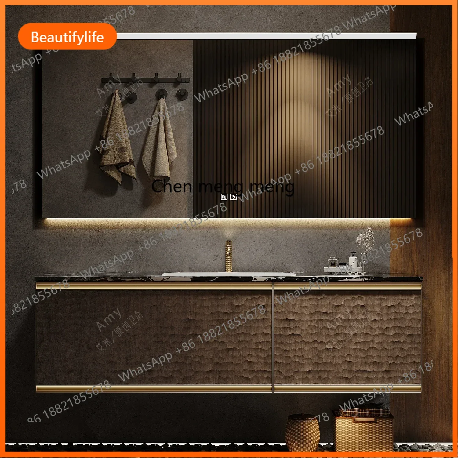 Light luxury hotel bathroom cabinet combination red oak rock slab hand wash cabinet toilet washstand