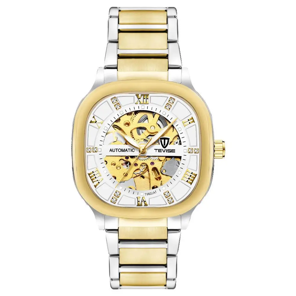 

Мужские автоматические часы TEVISE в ретро-стиле, квадратные, с прозрачным корпусом, видимым механическим механизмом, браслетом из нержавеющей стали и сплава, без батареи