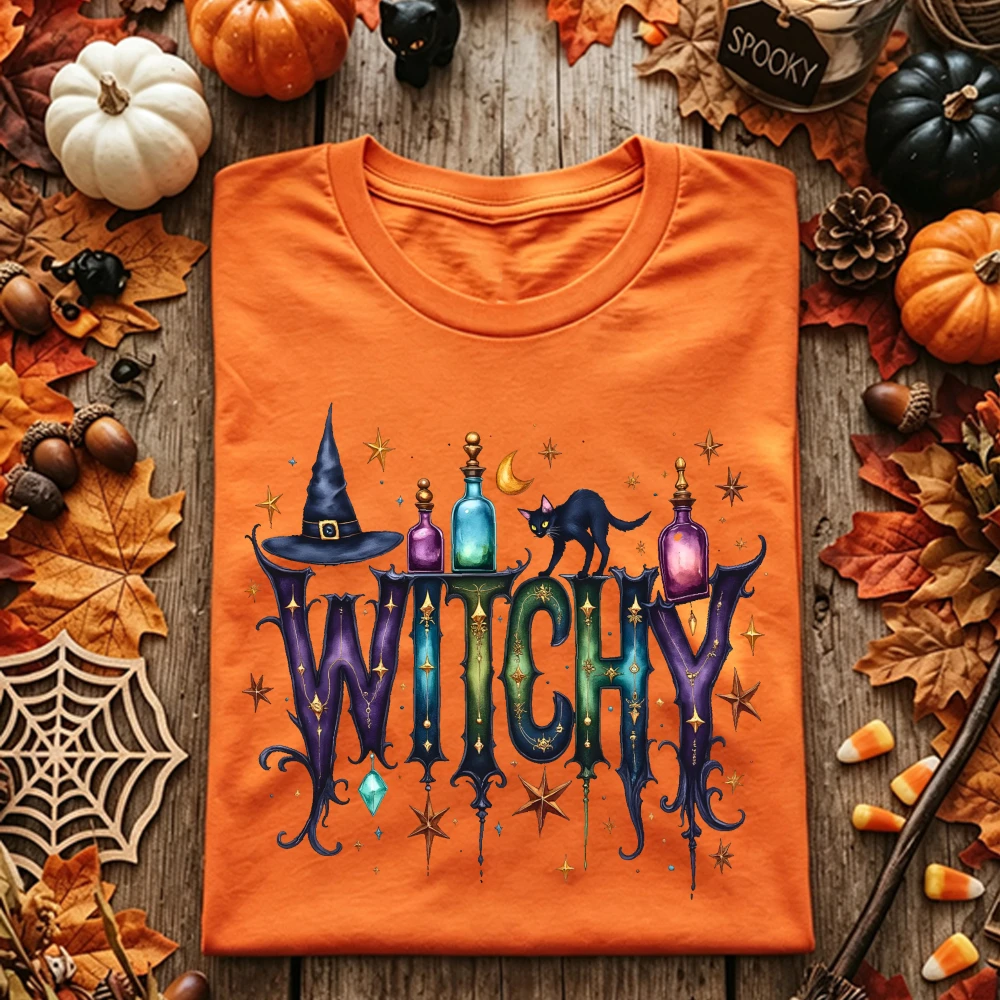 Witchy Shirt Women Halloween Cotton Magic Potion Black Cat Graphic Tee Vintage Spooky Season Short Sleeve Cottagecore Attire