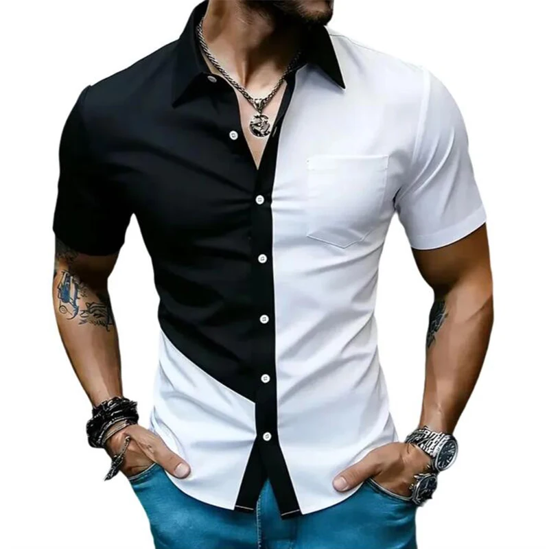 

Summer Men's Black White Contrast Short Sleeve Shirt Casual Solid Patchwork Daily Basic Shirts Fashion Office Work Blouse