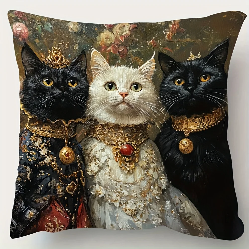 1pc Vintage Royal Cats Square Throw Pillow Cover Renaissance Royalty Pet Decorative Cushion Case for Sofa Bedroom Living Room