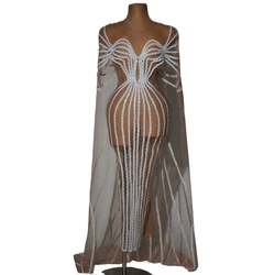Sparkly White Sequins Cloak Sexy Mesh Transparent Celebrate Evening Prom Birthday Long Dress Photo Shoot Singer Show Stage Wear