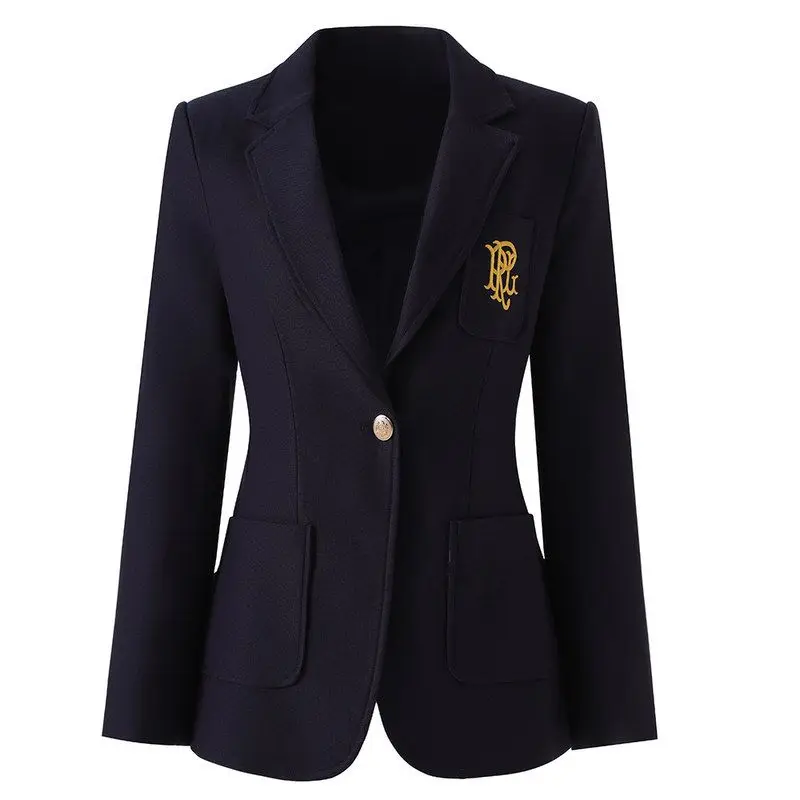 

Olive Green Embroidered Slim Fit Suit Jacket College Style Micro Emblem British Style Women's Long Sleeve Fashion Outerwear