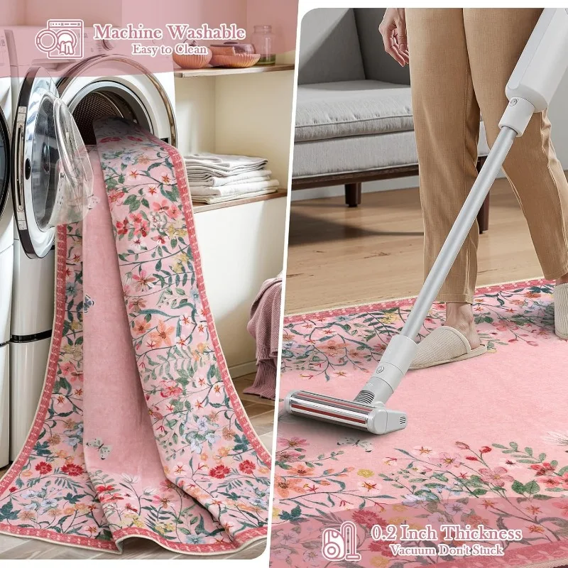 Pink Round Living Room Carpet Vintage Floral Print Bedroom Rug Fashionable Machine Washable Non-slip Sofa Mats 러그 Tapis Alfombra