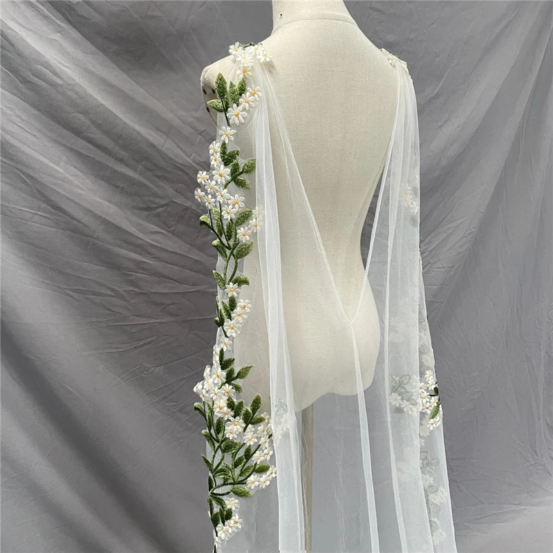 Green Leaves Floral Bridal Wedding Cape Shoulder Veils Long Yellow Flowers Unique For Brides Cloak Cathedral Long White Tulle