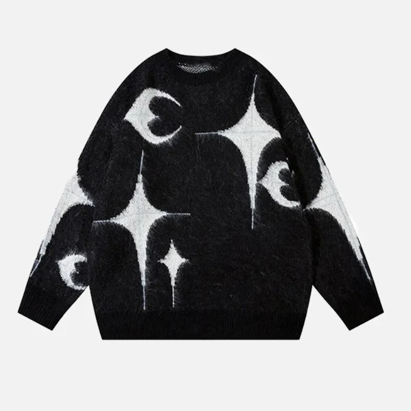 

Y2K retro winter warm sweater men's street sweater star moon pattern knitted sweater hip-hop pullover cotton Harajuku sweater