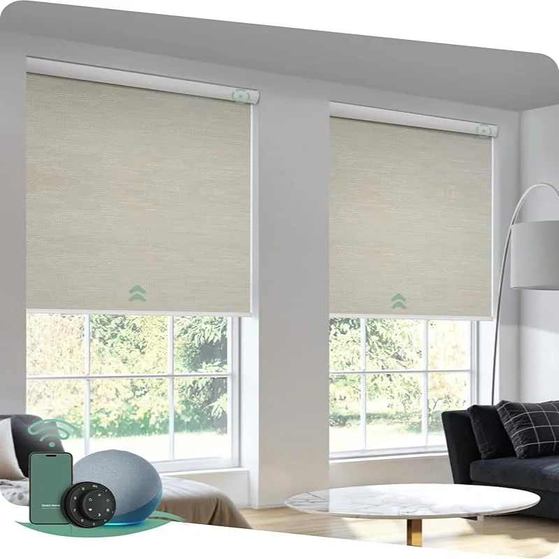 

Modern Custom Shades With Solar Panel Connect Phone Compatible With Homepod Siri to Control Motorized Roller Blinds For House