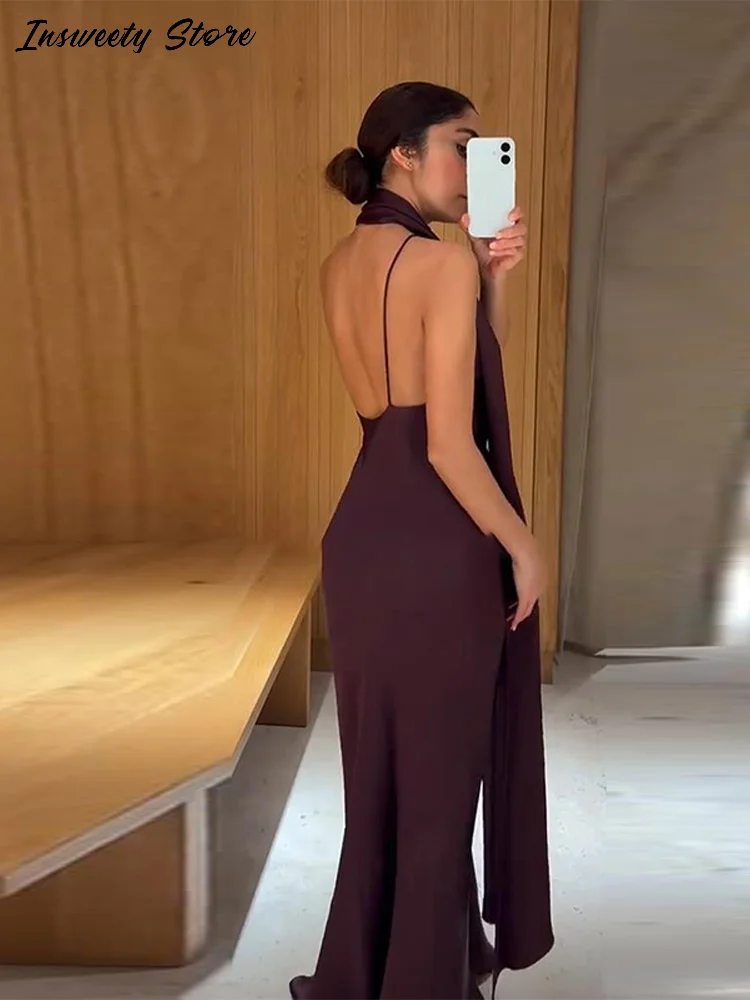 Seksowna satynowa sukienka na ramiączkach, damska, bez rękawów, z odkrytymi plecami, dopasowana, długa do podłogi, nowa kolekcja wiosna 2026, elegancka suknia wieczorowa.