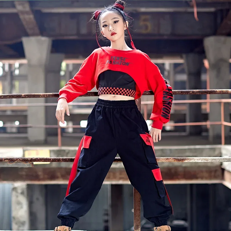 Children Jazz Dance Performance Rave Clothes New Hip Hop Dance Costumes For Kids Red Crop Tops Loose Pants Streetwear