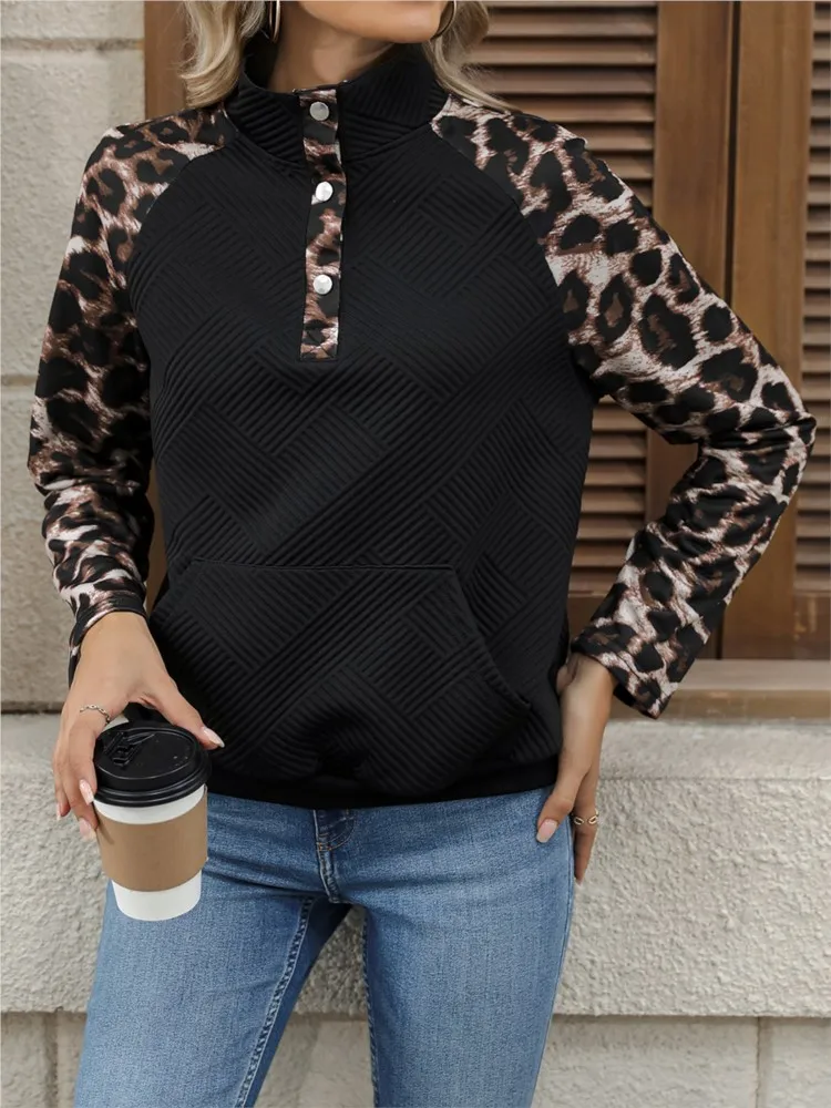

2025 Women's Clothing New Autumn Casual Half Turtleneck Half Placket Patchwork Leopard Print Sweatshirt Simple Style All-match