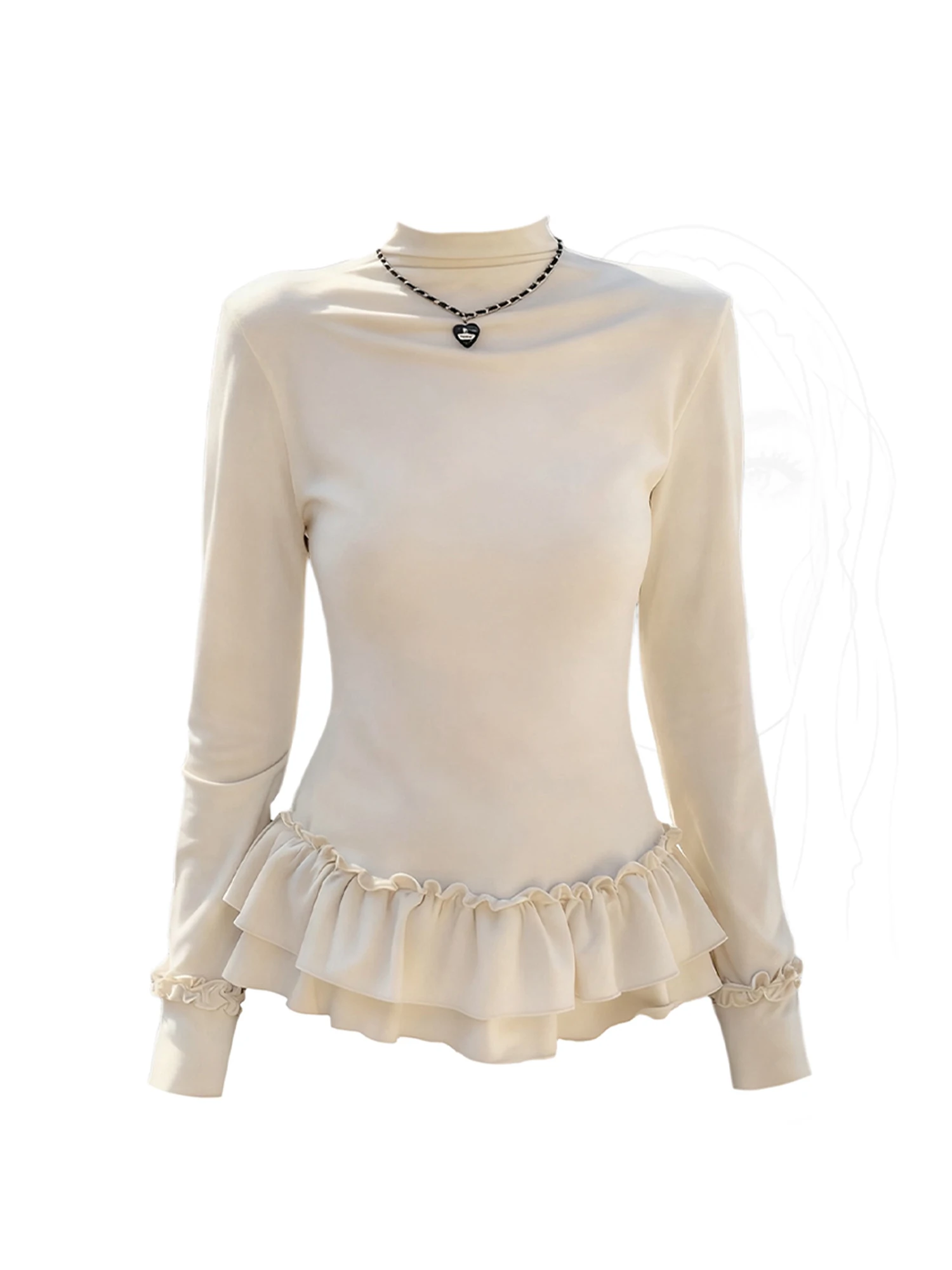 

Women's Apricot T-shirt Aesthetic Y2k Gyaru Tee Top Vintage Long Sleeve Ruffle Edge T-shirt 2000s Fashion Clothes Spring Autumn