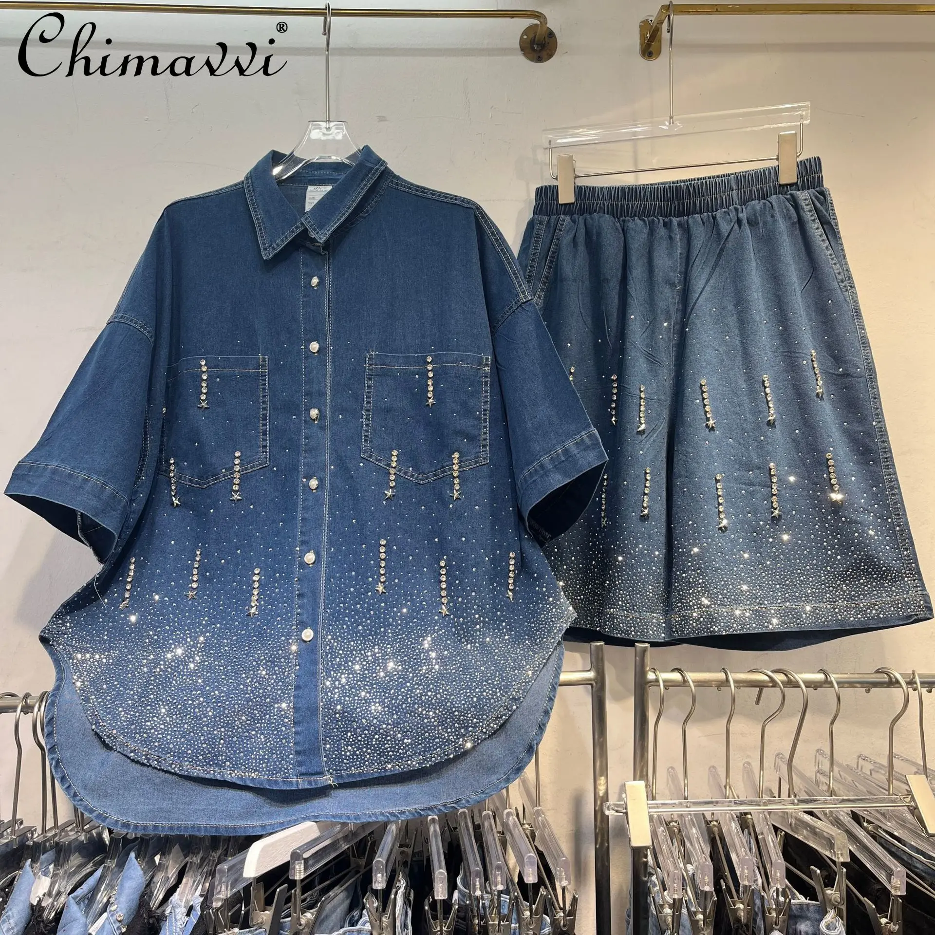 

European Short Sleeve Denim Shirt Top Women's Heavy Hot Diamond Elastic Waist Shorts Summer New Fashion Large Size Two-piece Set