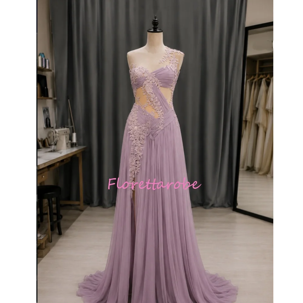 

Lilac One Shoulder Evening Dresses For Women Exquisite Lace Applique High Split A-Line Prom Party Dress Customized