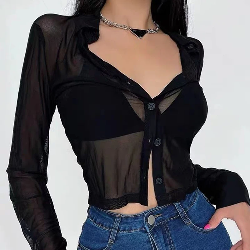 Summer Sexy Women Shirts See Through Transparent Mesh Tops Long Sleeve Slim Ladies Blouse Crop Top 2022