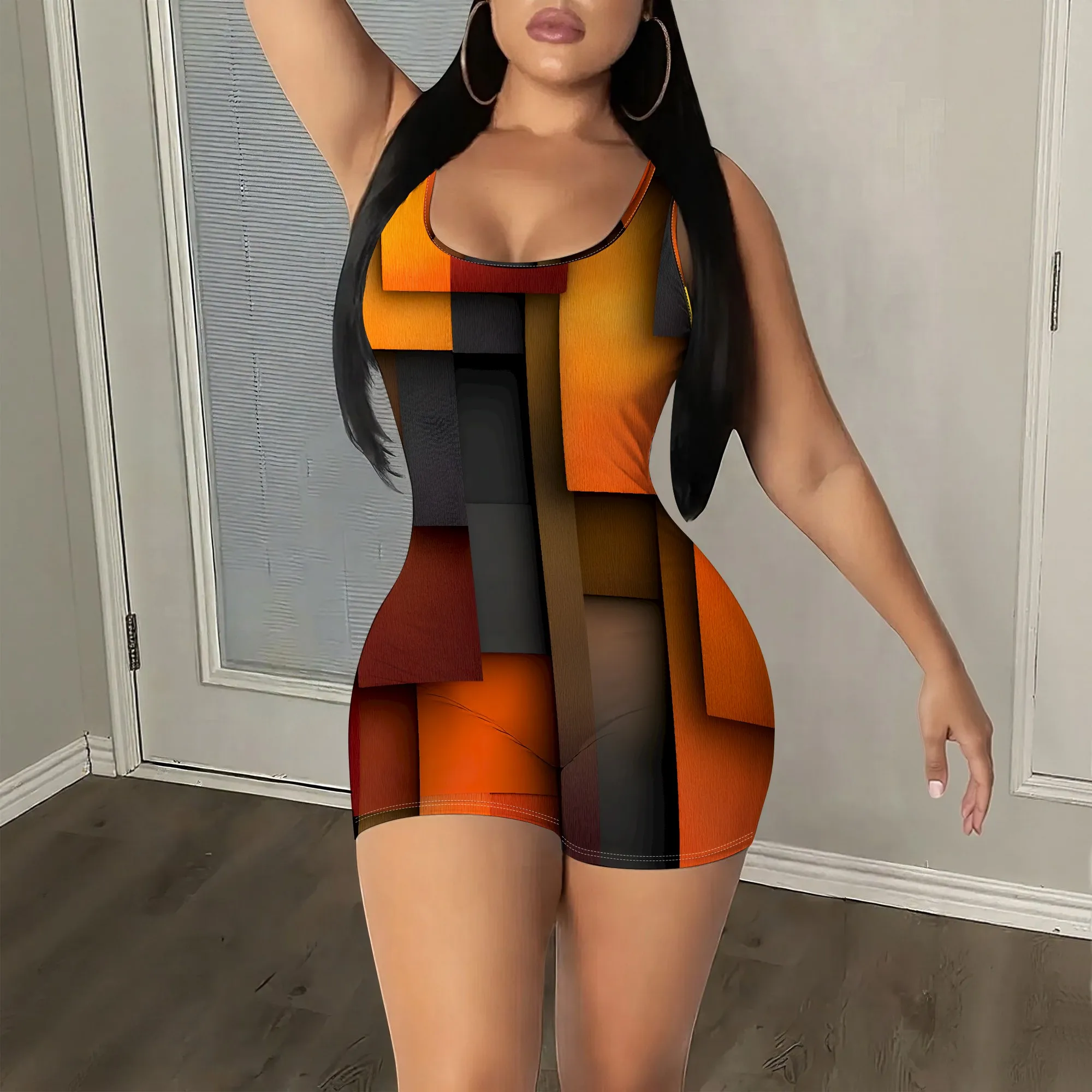 Abstract Geometric Print Sleeveless Romper, Orange Block Pattern Playsuit, Summer Casual Jumpsuit for Women, S-2XL