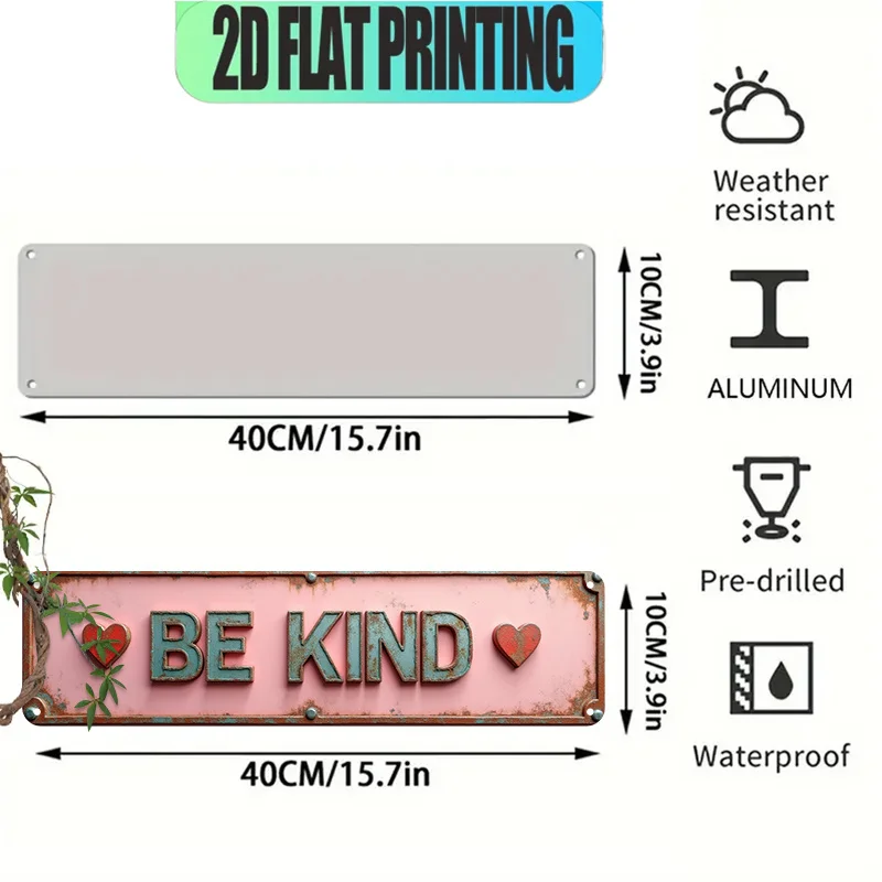 Vintage 2D Flat Metal Tin Sign BE KIND Heart Pattern Aluminum Wall Art, Man Cave Gift Idea Home Bar Bedroom Farmhouse Decor